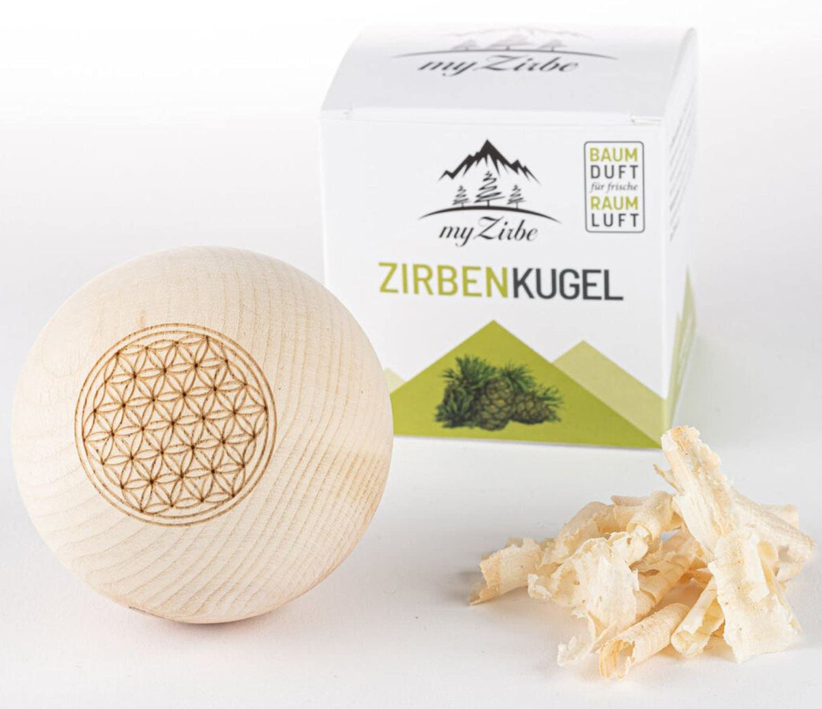 Zirbenkugel BLUME DES LEBENS 7cm aus Zirbenholz in Geschenkverpackung