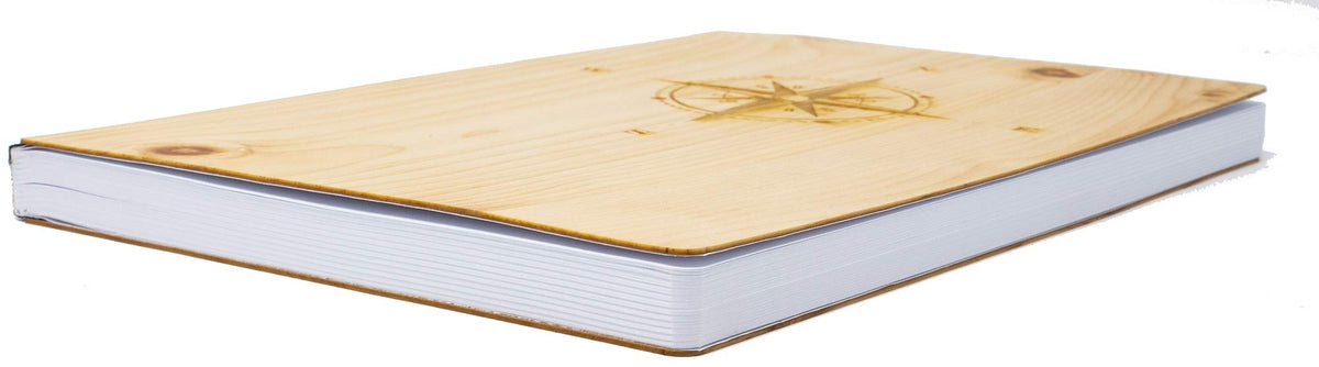 Notizbuch mit Holz Cover in A5 - KOMPASS - Echtholz Notebook zum Reinschreiben Zirbenholz Holzeinband 192 blanko Seiten 90g
