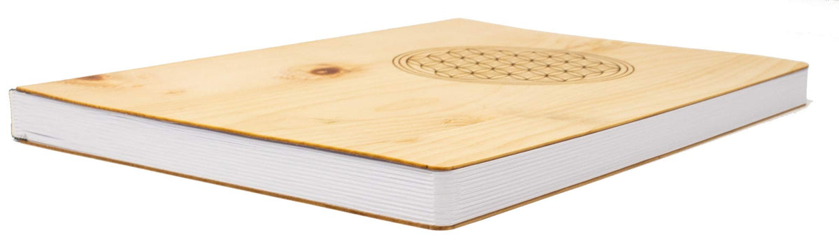 Notizbuch mit Holz Cover in A5 - BLUME DES LEBENS - Echtholz Notebook zum Reinschreiben Zirbenholz Holzeinband 192 blanko Seiten 90g