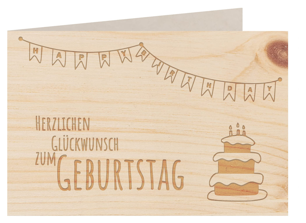 Holzgrußkarte - HERZLICHEN GLÜCKWUNSCH ZUM GEBURTSTAG- 100% handmade in Österreich - Postkarte, Geschenkkarte, Grußkarte, Klappkarte, Karte, Einladung, Holzart:Zirbe