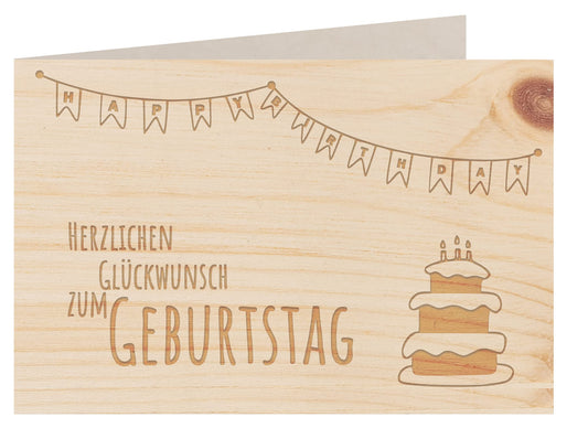 Holzgrußkarte - HERZLICHEN GLÜCKWUNSCH ZUM GEBURTSTAG- 100% handmade in Österreich - Postkarte, Geschenkkarte, Grußkarte, Klappkarte, Karte, Einladung, Holzart:Zirbe