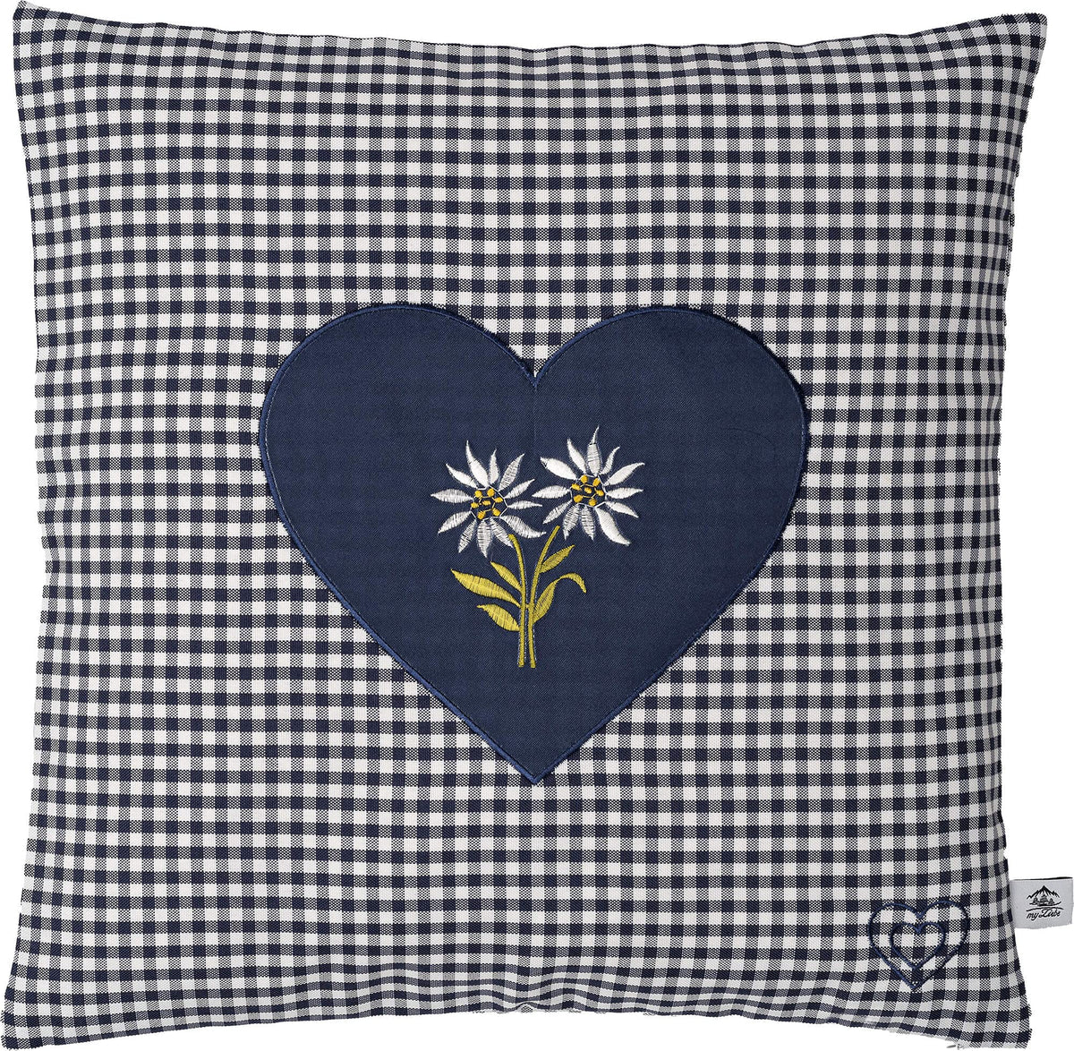 Zirbenkissen Bestickt mit Herz und Edelweiss blau karriert Größe 40x40 cm befüllt mit Zirbenflocken aus Zirbenholz in extra Inlett