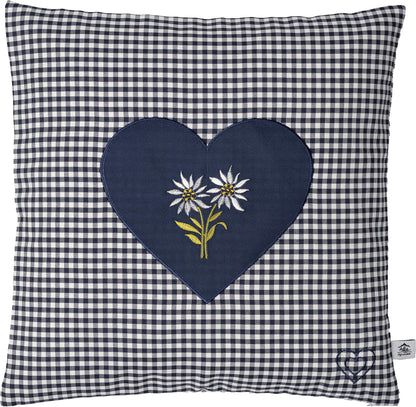Zirbenkissen Bestickt mit Herz und Edelweiss blau karriert Größe 40x40 cm befüllt mit Zirbenflocken aus Zirbenholz in extra Inlett
