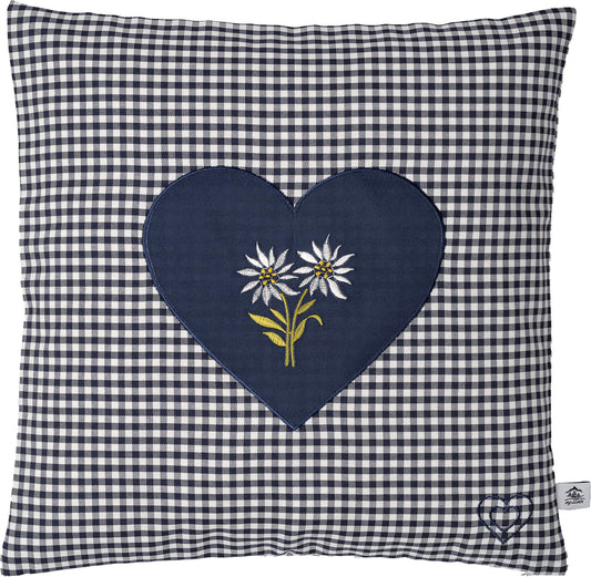 Zirbenkissen Bestickt mit Herz und Edelweiss blau karriert Größe 40x40 cm befüllt mit Zirbenflocken aus Zirbenholz in extra Inlett