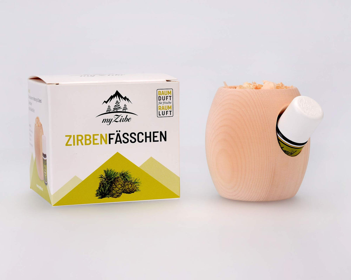 Zirbenfässchen - Zirbenholz Duftset mit Zirbenöl und Zirbenspänen in Geschenkverpackung die Alternative zum Zirbenwürfel