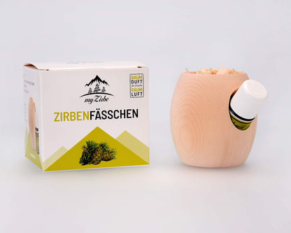 Zirbenfässchen - Zirbenholz Duftset mit Zirbenöl und Zirbenspänen in Geschenkverpackung die Alternative zum Zirbenwürfel