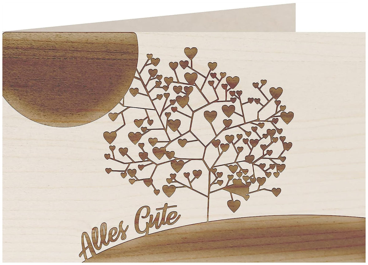 Holzkarte - Alles Gute - Baum mit Herzen - 100% handmade in Österreich - Postkarte, Geschenkkarte, Grußkarte, Klappkarte, Karte, Einladung