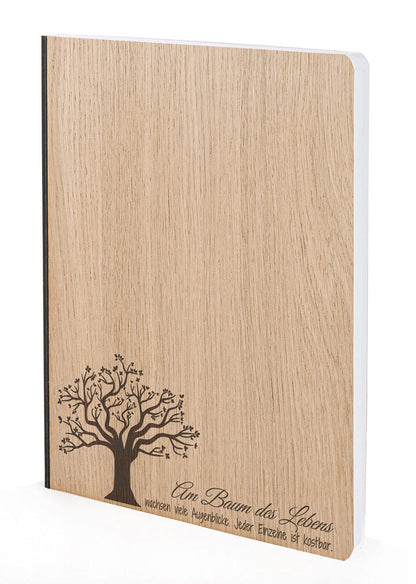 Notizbuch mit Holz Cover in A5 - BAUM DES LEBENS - Echtholz Notebook zum Reinschreiben Holzeinband 192 blanko Seiten 90g