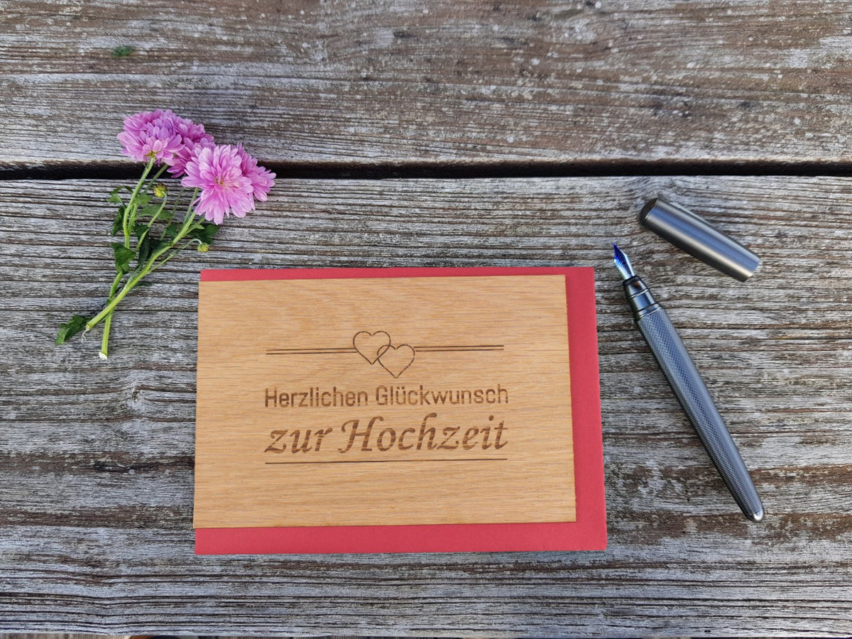 Holzgrußkarte - Hochzeitskarte - 100% handmade in Österreich - Postkarte Glückwunschkarte Geschenkkarte Grußkarte Klappkarte Karte Einladung (HERZLICHEN GLÜCKWUNSCH ZUR HOCHZEIT Eiche)