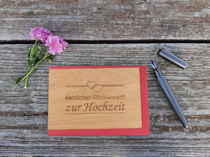Holzgrußkarte - Hochzeitskarte - 100% handmade in Österreich - Postkarte Glückwunschkarte Geschenkkarte Grußkarte Klappkarte Karte Einladung (HERZLICHEN GLÜCKWUNSCH ZUR HOCHZEIT Eiche)