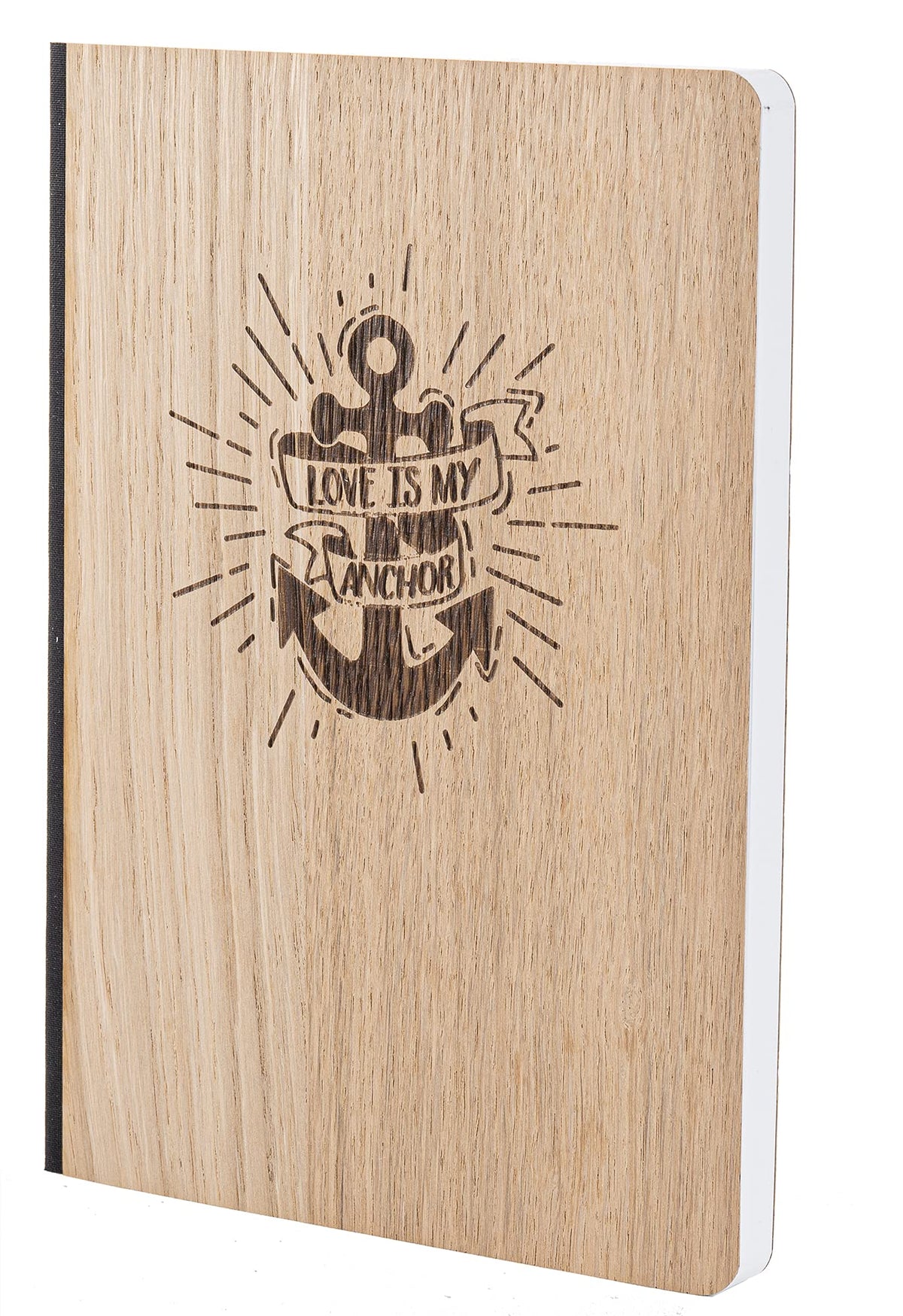 Notizbuch mit Holz Cover in A5 - LOVE IS MY ANCHOR - Echtholz Notebook zum Reinschreiben Holzeinband 192 blanko Seiten 90g