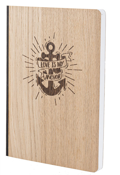 Notizbuch mit Holz Cover in A5 - LOVE IS MY ANCHOR - Echtholz Notebook zum Reinschreiben Holzeinband 192 blanko Seiten 90g
