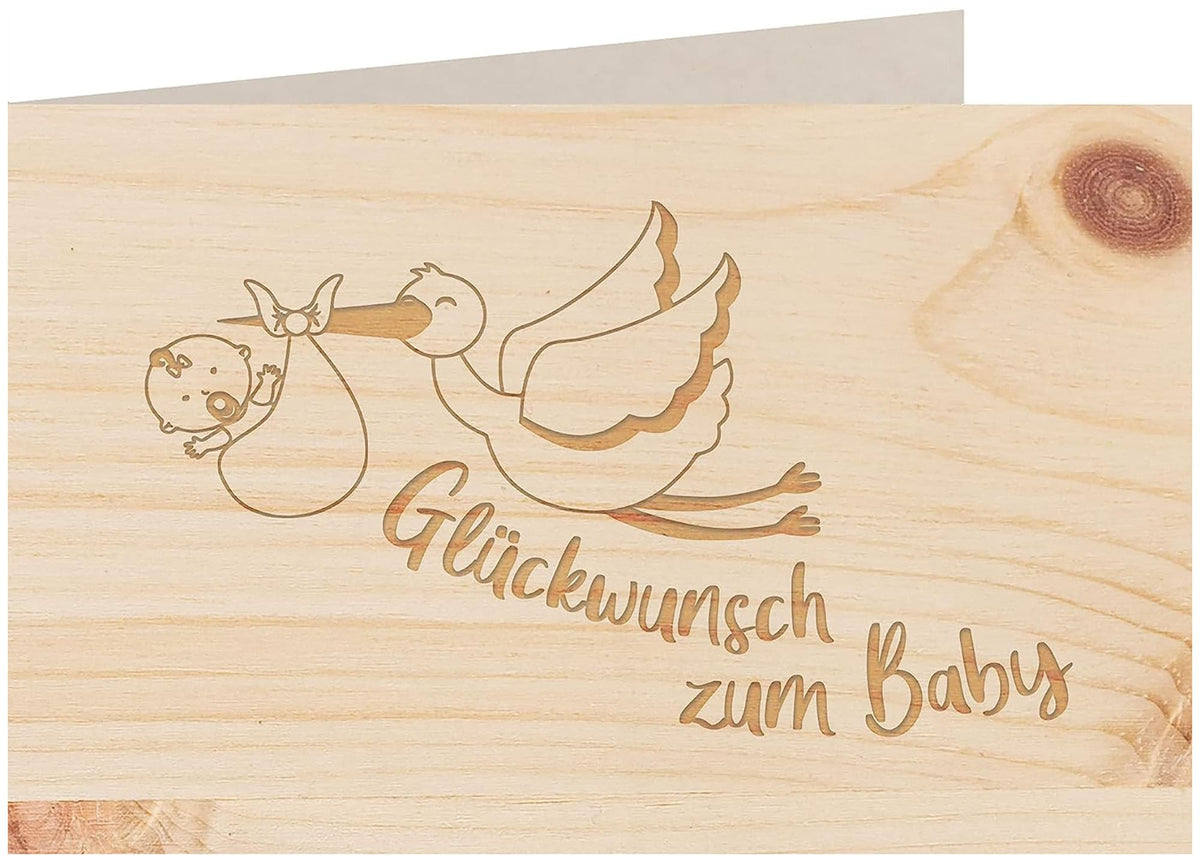 Holzkarte - Glückwunsch zum Baby Storch - 100% handmade in Österreich - Postkarte, Geschenkkarte, Grußkarte, Klappkarte, Karte, Einladung