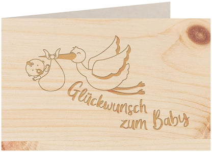 Holzkarte - Glückwunsch zum Baby Storch - 100% handmade in Österreich - Postkarte, Geschenkkarte, Grußkarte, Klappkarte, Karte, Einladung