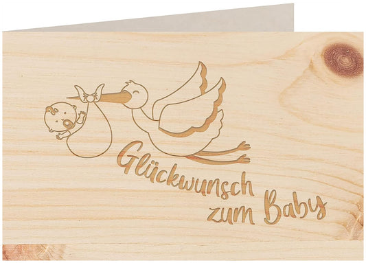 Holzkarte - Glückwunsch zum Baby Storch - 100% handmade in Österreich - Postkarte, Geschenkkarte, Grußkarte, Klappkarte, Karte, Einladung