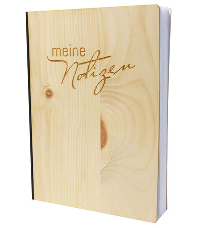Notizbuch mit Holz Cover in A5 - MEINE NOTIZEN - Echtholz Notebook zum Reinschreiben Zirbenholz Holzeinband 192 blanko Seiten 90g