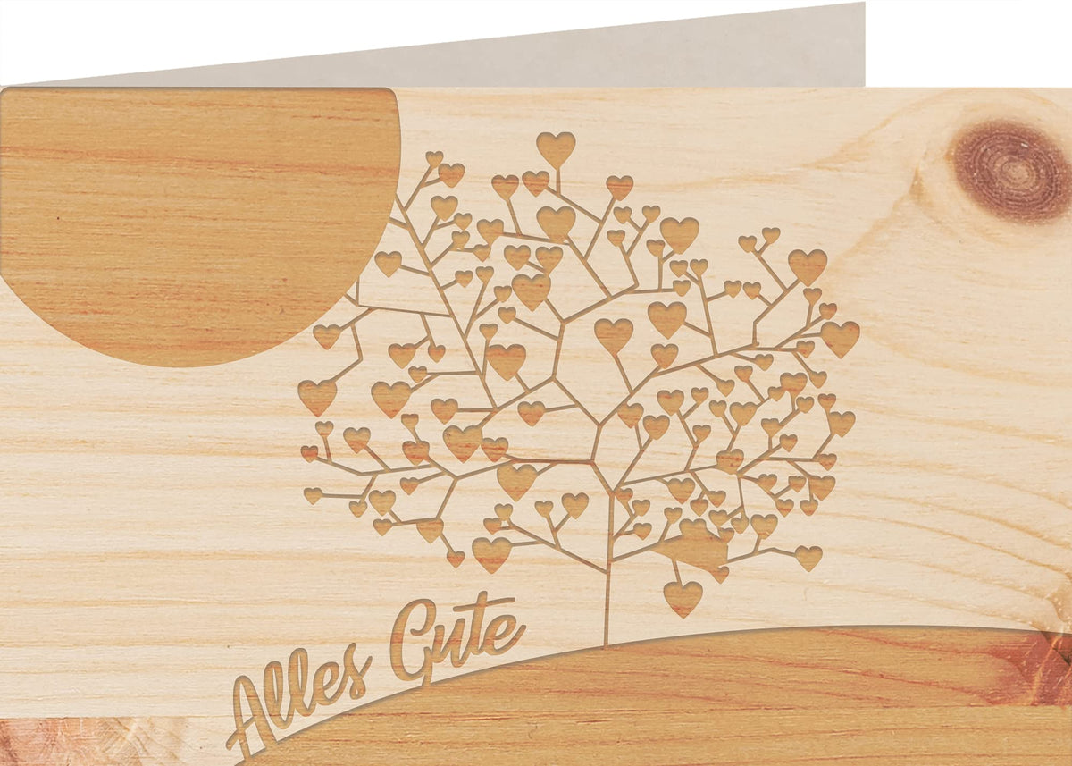 Holzkarte - Alles Gute - Baum mit Herzen - 100% handmade in Österreich - Postkarte, Geschenkkarte, Grußkarte, Klappkarte, Karte, Einladung