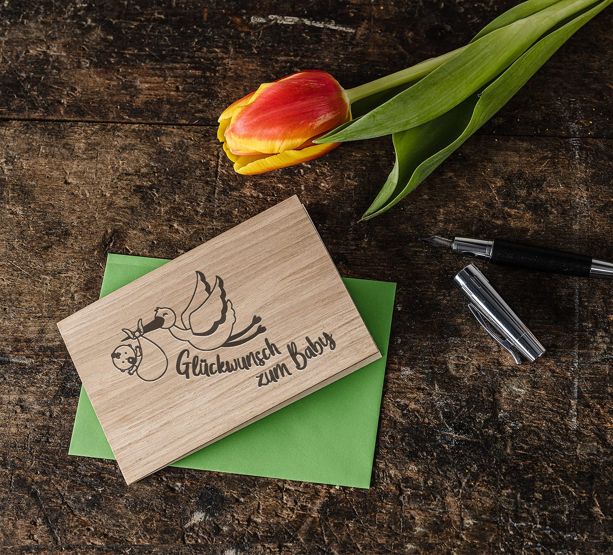 Holzkarte - Glückwunsch zum Baby Storch - 100% handmade in Österreich - Postkarte, Geschenkkarte, Grußkarte, Klappkarte, Karte, Einladung