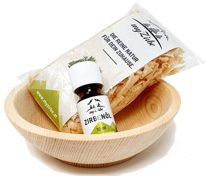Zirben Duftset mit Zirbeholz Schale naturbelassen, Zirbenspäne aus Zirbenholz und 10ml Zirbenöl