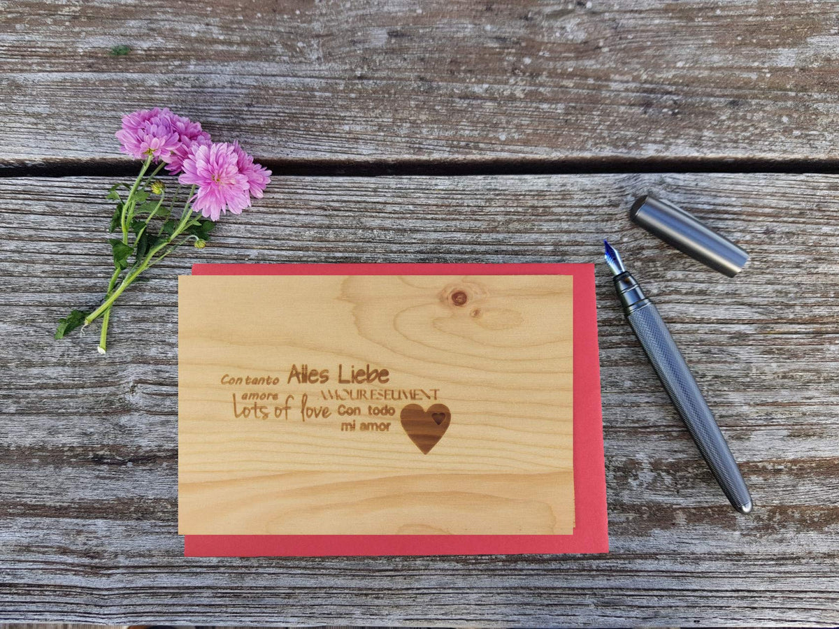 Holzgrußkarte - ALLES LIEBE - 100% handmade in Österreich - Postkarte, Geschenkkarte, Grußkarte, Klappkarte, Karte, Einladung
