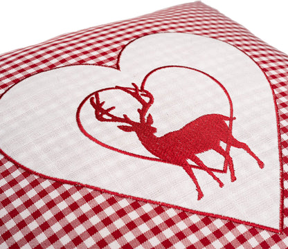 Zirbenkissen Bestickt mit Hirsch und Herz rot karriert Größe 40x40 cm befüllt mit Zirbenflocken aus Zirbenholz