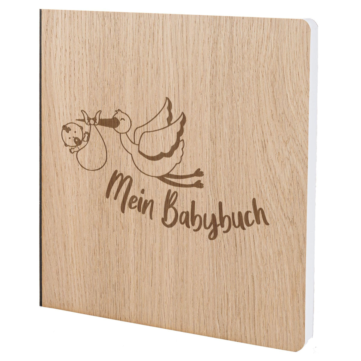 Babybuch mit edlem Echtholz Cover MEIN BABYBUCH STORCH in der Größe 20 x 20cm 192 beschreibbare Seiten hochwertiges Papier