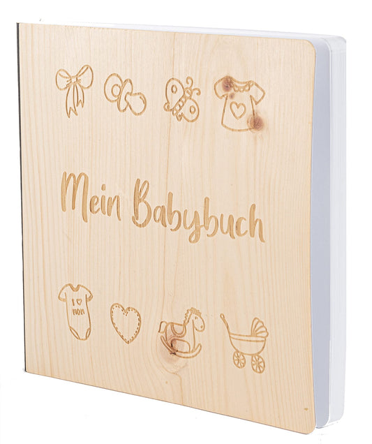 Babybuch mit edlem Echtholz Cover MEIN BABYBUCH in der Größe 20 x 20cm 192 beschreibbare Seiten hochwertiges Papier