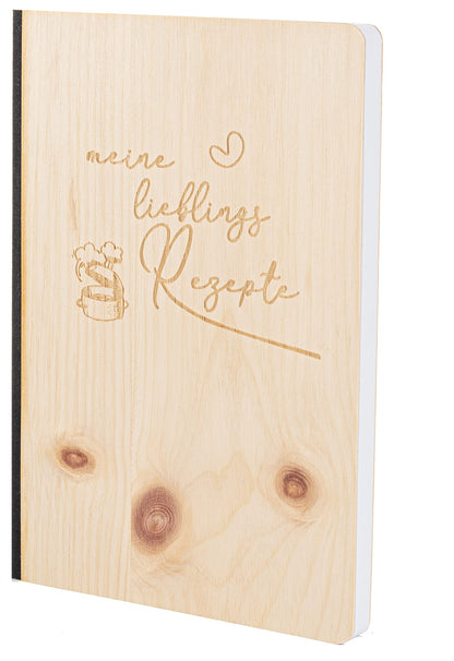 Notizbuch mit Holz Cover in A5 - MEINE LIEBLINGS REZEPTE - Echtholz Notebook zum Reinschreiben Holzeinband 192 blanko Seiten 90g