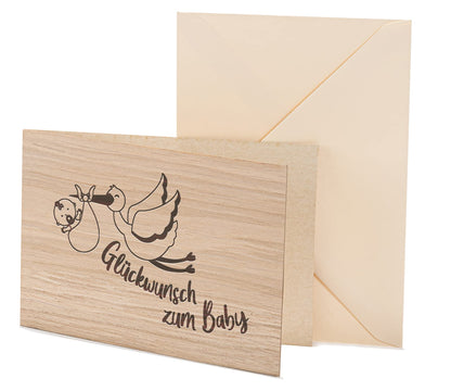 Holzkarte - Glückwunsch zum Baby Storch - 100% handmade in Österreich - Postkarte, Geschenkkarte, Grußkarte, Klappkarte, Karte, Einladung