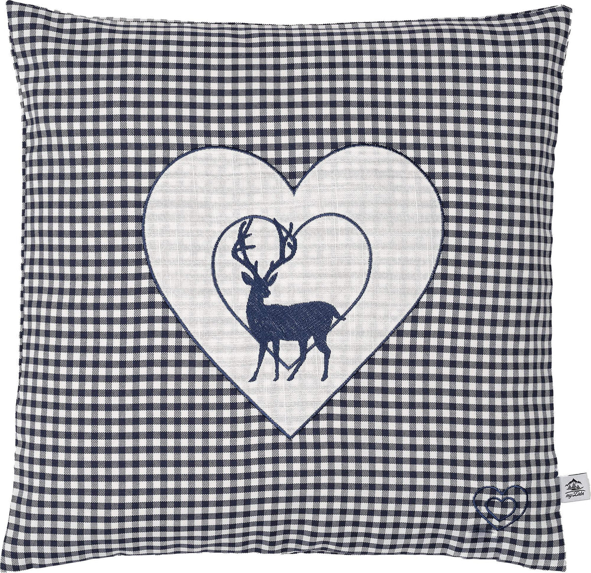 Zirbenkissen Bestickt mit Hirsch und Herz blau karriert Größe 40x40 cm befüllt mit Zirbenflocken aus Zirbenholz