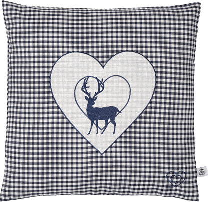 Zirbenkissen Bestickt mit Hirsch und Herz blau karriert Größe 40x40 cm befüllt mit Zirbenflocken aus Zirbenholz