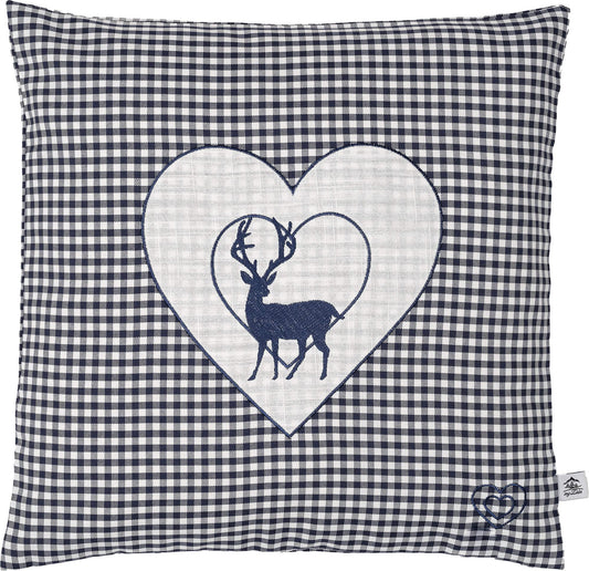 Zirbenkissen Bestickt mit Hirsch und Herz blau karriert Größe 40x40 cm befüllt mit Zirbenflocken aus Zirbenholz