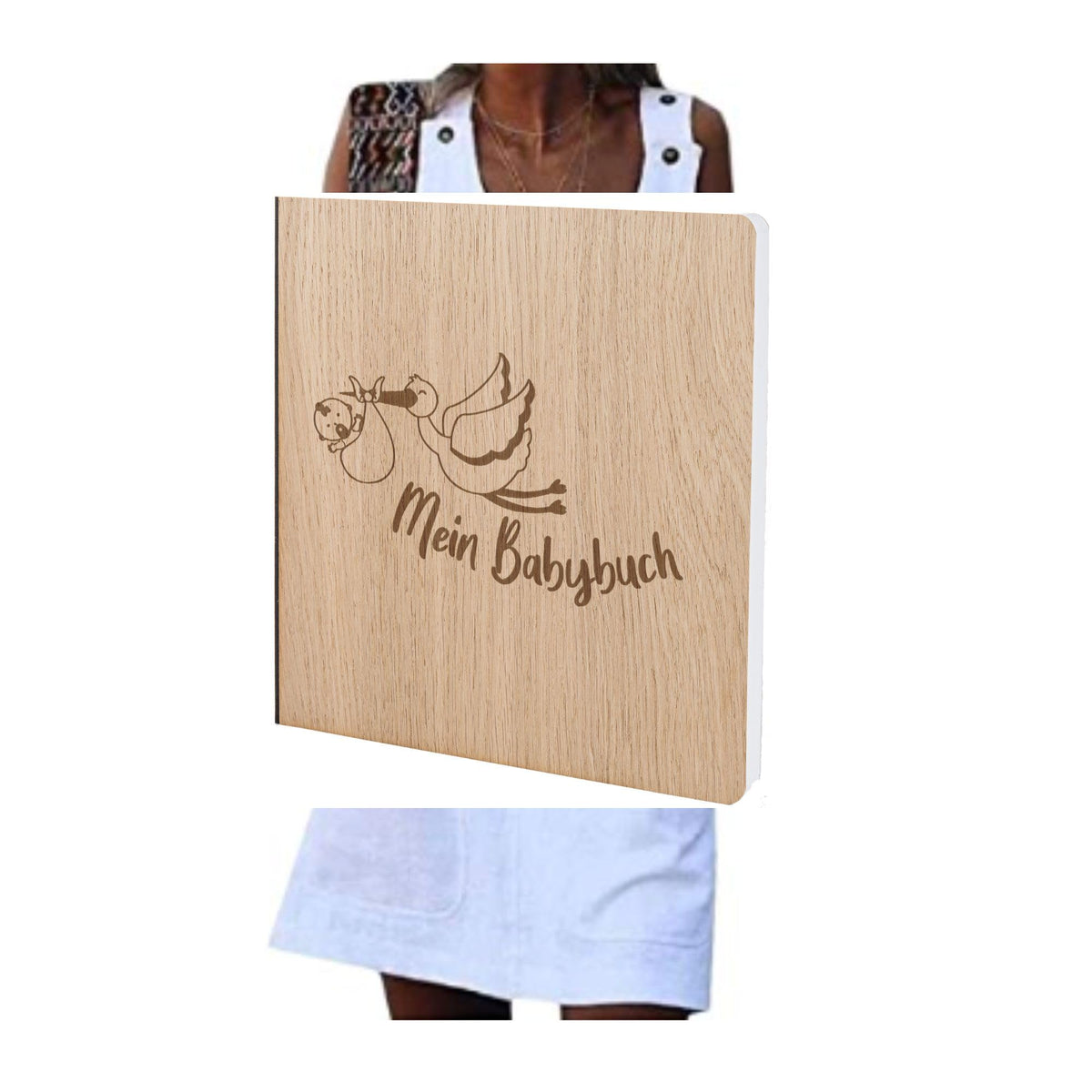 Babybuch mit edlem Echtholz Cover MEIN BABYBUCH STORCH in der Größe 20 x 20cm 192 beschreibbare Seiten hochwertiges Papier