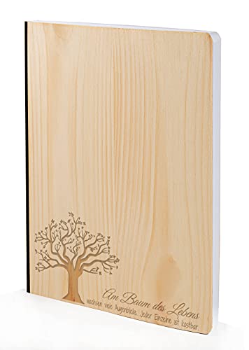 Notizbuch mit Holz Cover in A5 - BAUM DES LEBENS - Echtholz Notebook zum Reinschreiben Holzeinband 192 blanko Seiten 90g