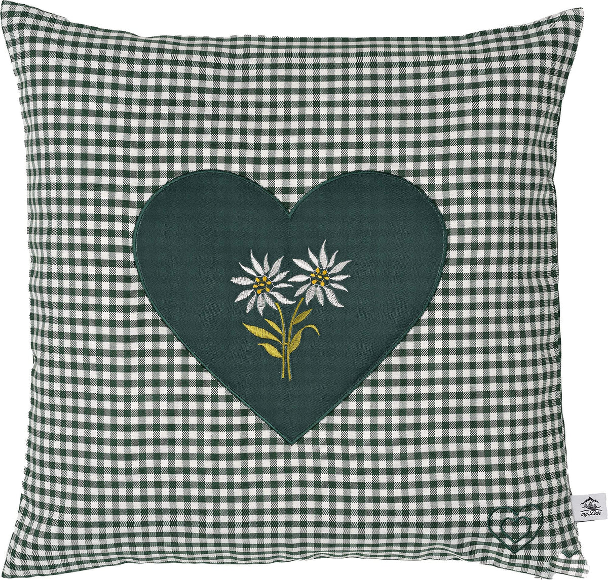 Zirbenkissen Bestickt mit Herz und Edelweiss grün karriert Größe 40x40 cm befüllt mit Zirbenflocken aus Zirbenholz