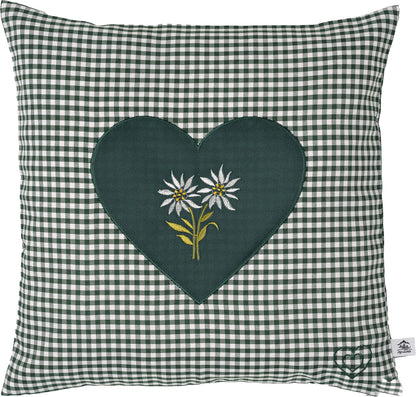 Zirbenkissen Bestickt mit Herz und Edelweiss grün karriert Größe 40x40 cm befüllt mit Zirbenflocken aus Zirbenholz