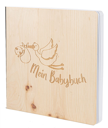 Babybuch mit edlem Echtholz Cover MEIN BABYBUCH STORCH in der Größe 20 x 20cm 192 beschreibbare Seiten hochwertiges Papier