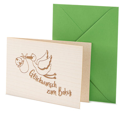 Holzkarte - Glückwunsch zum Baby Storch - 100% handmade in Österreich - Postkarte, Geschenkkarte, Grußkarte, Klappkarte, Karte, Einladung