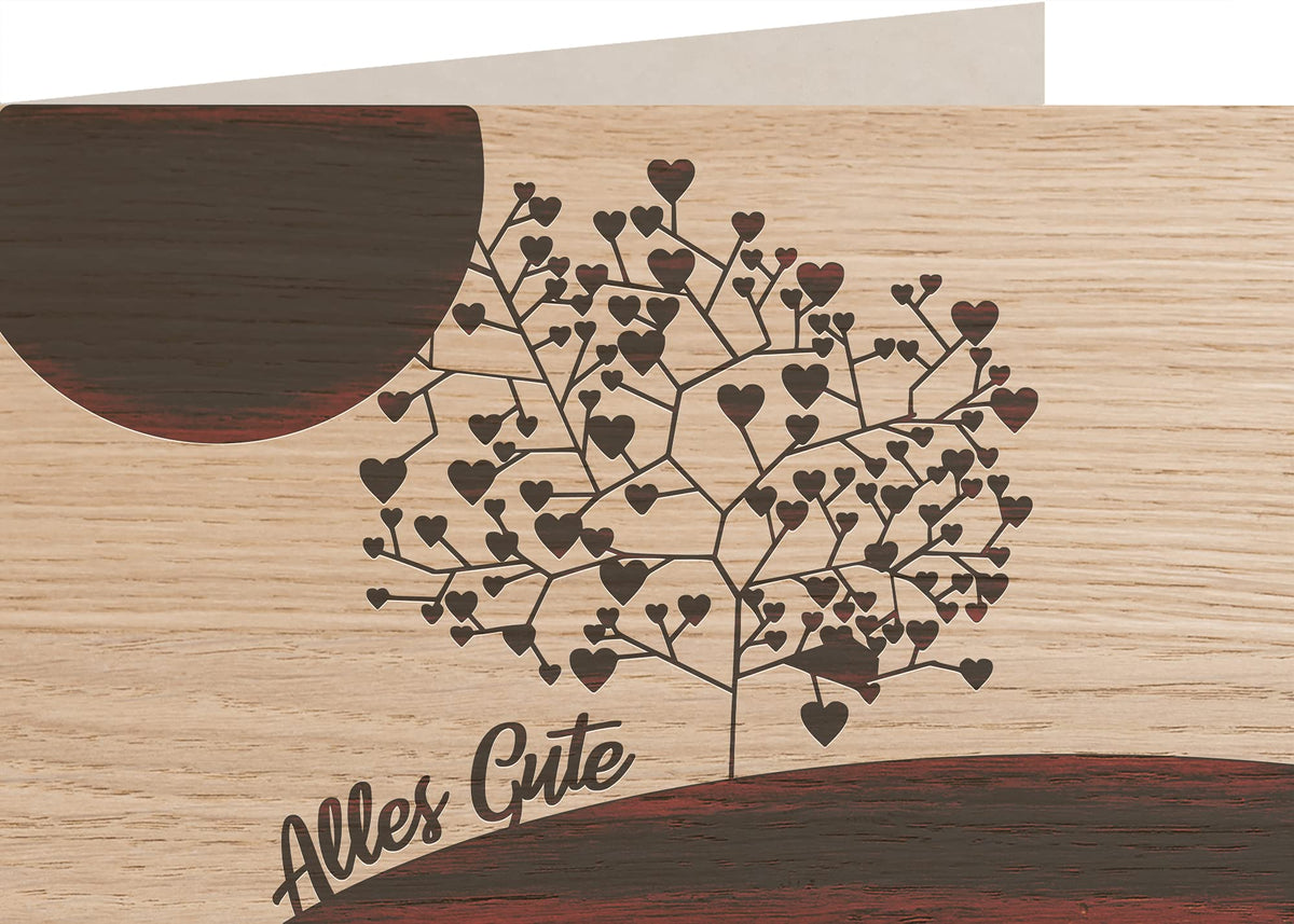 Holzkarte - Alles Gute - Baum mit Herzen - 100% handmade in Österreich - Postkarte, Geschenkkarte, Grußkarte, Klappkarte, Karte, Einladung