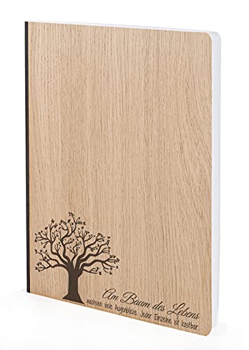 Notizbuch mit Holz Cover in A5 - BAUM DES LEBENS - Echtholz Notebook zum Reinschreiben Holzeinband 192 blanko Seiten 90g