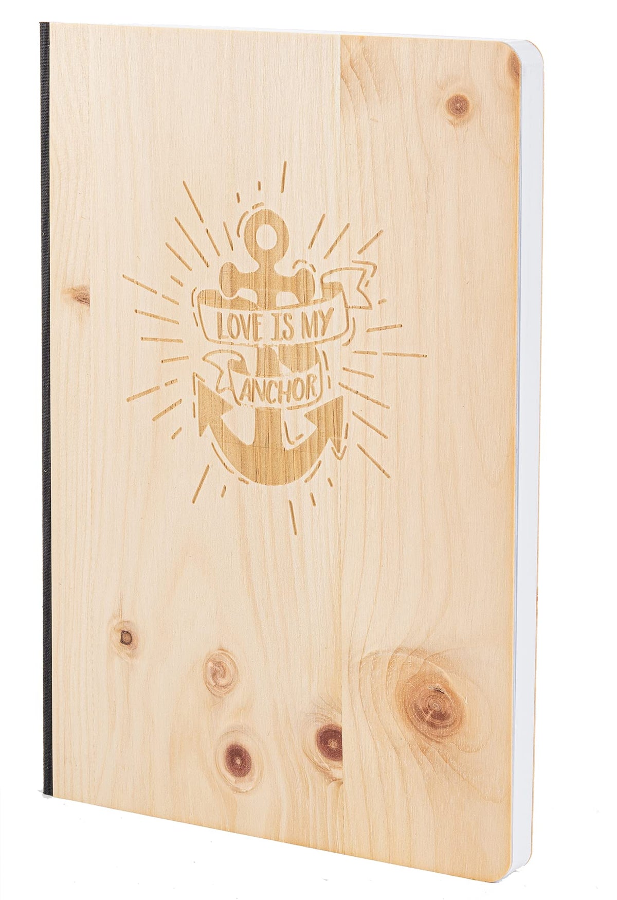 Notizbuch mit Holz Cover in A5 - LOVE IS MY ANCHOR - Echtholz Notebook zum Reinschreiben Holzeinband 192 blanko Seiten 90g