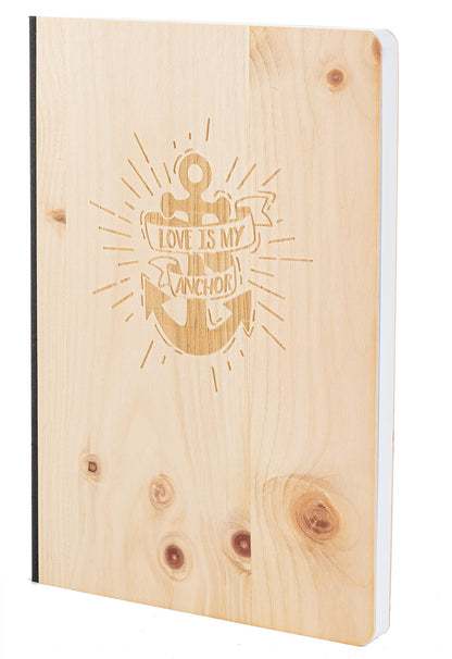Notizbuch mit Holz Cover in A5 - LOVE IS MY ANCHOR - Echtholz Notebook zum Reinschreiben Holzeinband 192 blanko Seiten 90g