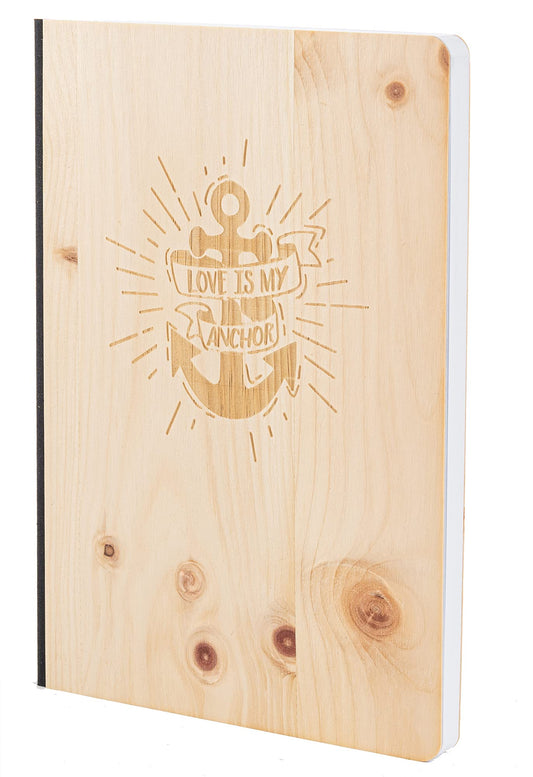 Notizbuch mit Holz Cover in A5 - LOVE IS MY ANCHOR - Echtholz Notebook zum Reinschreiben Holzeinband 192 blanko Seiten 90g