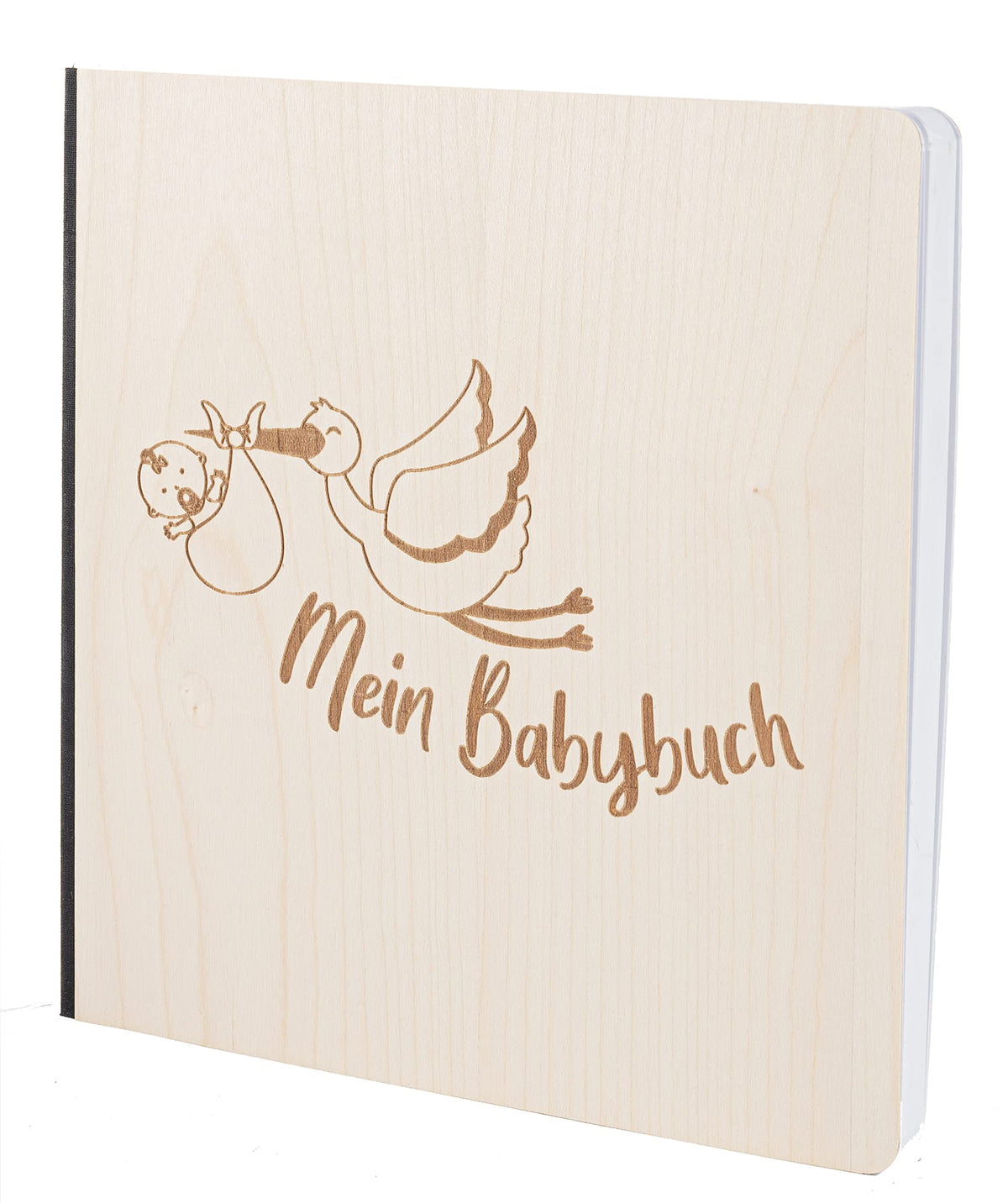 Babybuch mit edlem Echtholz Cover MEIN BABYBUCH STORCH in der Größe 20 x 20cm 192 beschreibbare Seiten hochwertiges Papier