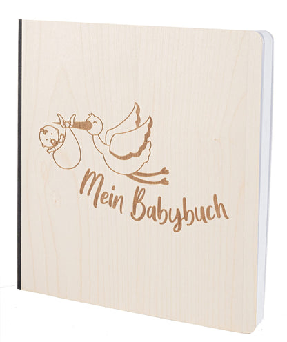 Babybuch mit edlem Echtholz Cover MEIN BABYBUCH STORCH in der Größe 20 x 20cm 192 beschreibbare Seiten hochwertiges Papier