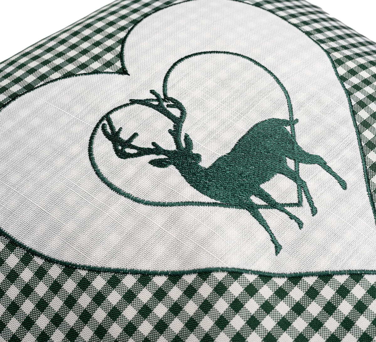 Zirbenkissen Bestickt mit Hirsch und Herz grün karriert Größe 40x40 cm befüllt mit Zirbenflocken aus Zirbenholz