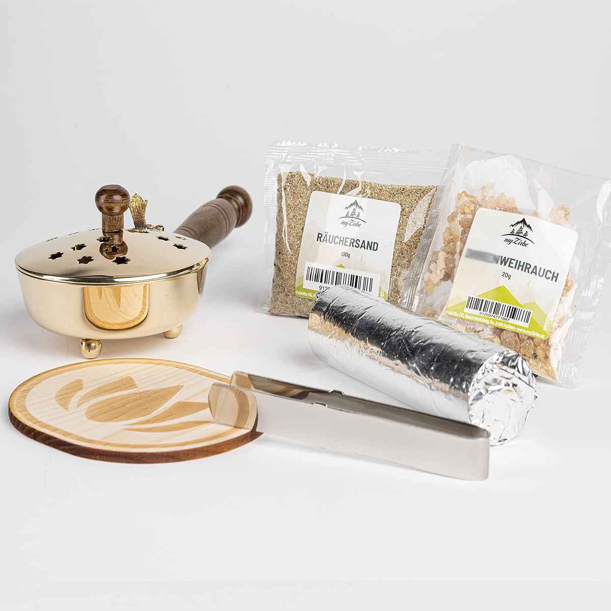 Räucherpfanne Set 6 teilig - Räuchergefäß zum Räuchern von Weihrauch, Harzen, inkl. Weihrauch, Räucherkohle, Räuchersand, Räucherzange