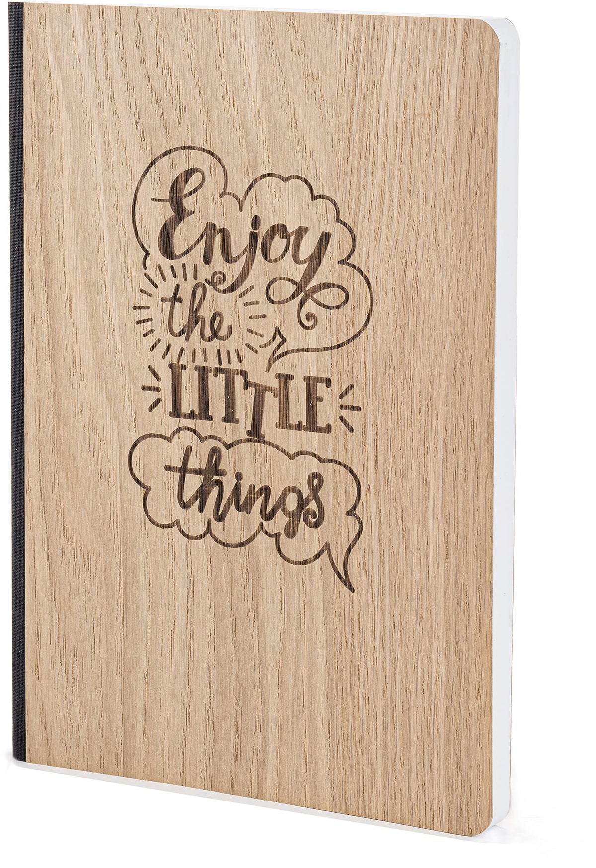 Notizbuch mit Holz Cover in A5 - ENJOY THE LITTLE THINGS - Echtholz Notebook zum Reinschreiben Holzeinband 192 blanko Seiten 90g
