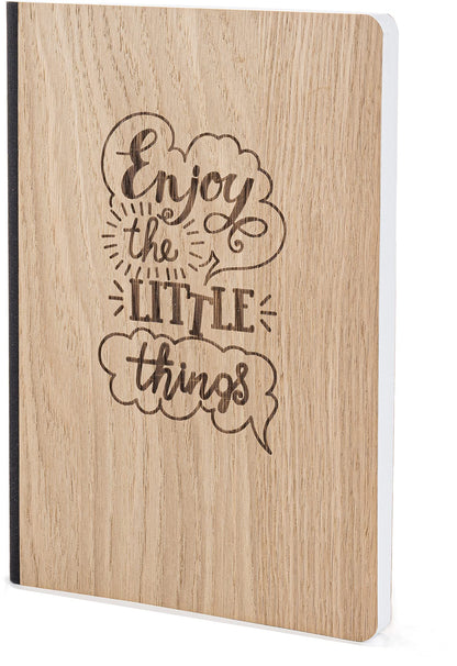 Notizbuch mit Holz Cover in A5 - ENJOY THE LITTLE THINGS - Echtholz Notebook zum Reinschreiben Holzeinband 192 blanko Seiten 90g