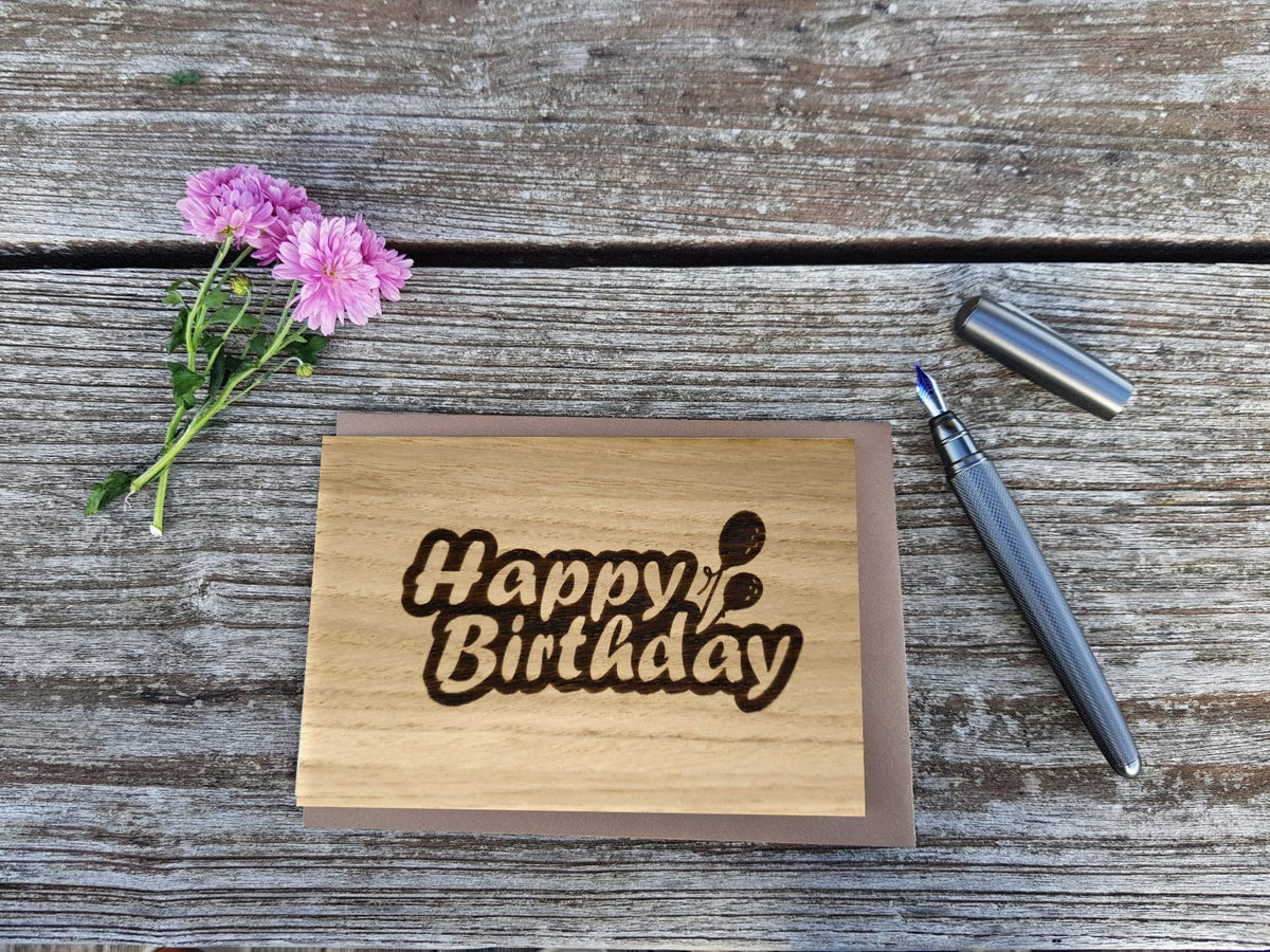 Holzgrußkarte - HAPPY BIRTHDAY - 100% handmade in Österreich - Postkarte, Geschenkkarte, Grußkarte, Klappkarte, Karte, Einladung aus Echtholz Eiche